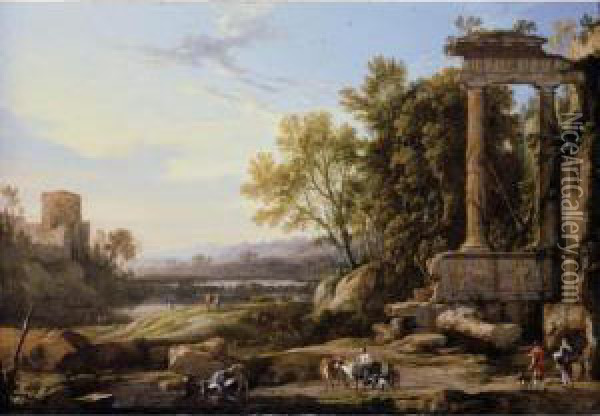 An Italianate Landscape With A Cattle Herder And Other Figures Below Roman Ruins Oil Painting - Pierre-Antoine Patel