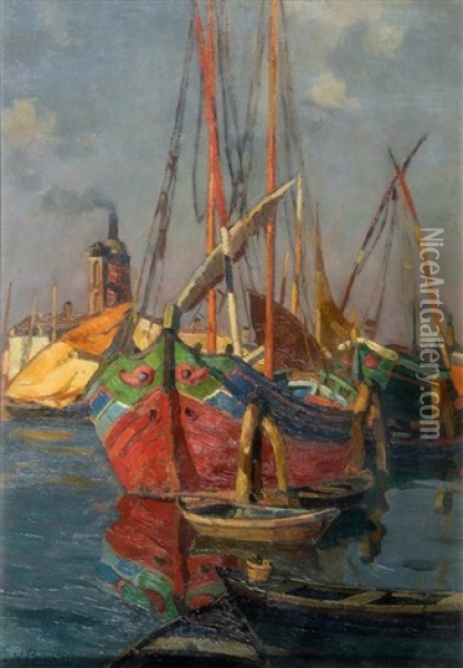 Barques Et Chalutiers Au Port Oil Painting - Angelo Pavan