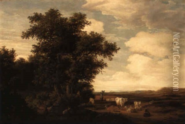 A Wooded Landscape With A Herdsman Tending His Animals Oil Painting - Jacob Salomonsz van Ruysdael