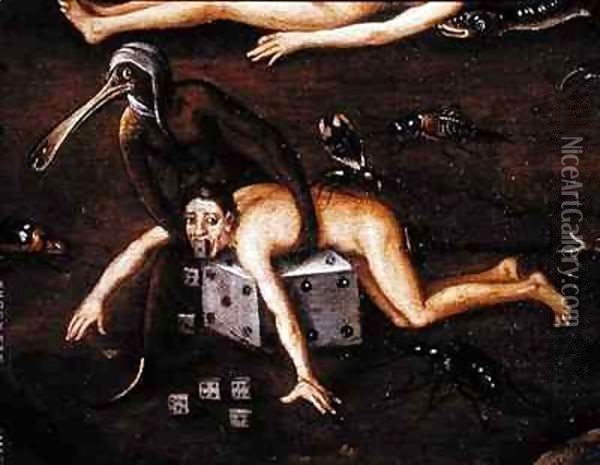 The Inferno, detail of a man lifted onto a dice by a creature with a bird's Oil Painting - Herri met de Bles