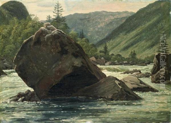 A Jutting Rock In The Rapids (fos Med Fremragende Klippestykke) Oil Painting - Martinus Rorbye