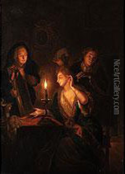 Hofische Dame Bei Kerzenlicht Vor Dem Toilett-spiegel Oil Painting - Godfried Schalcken