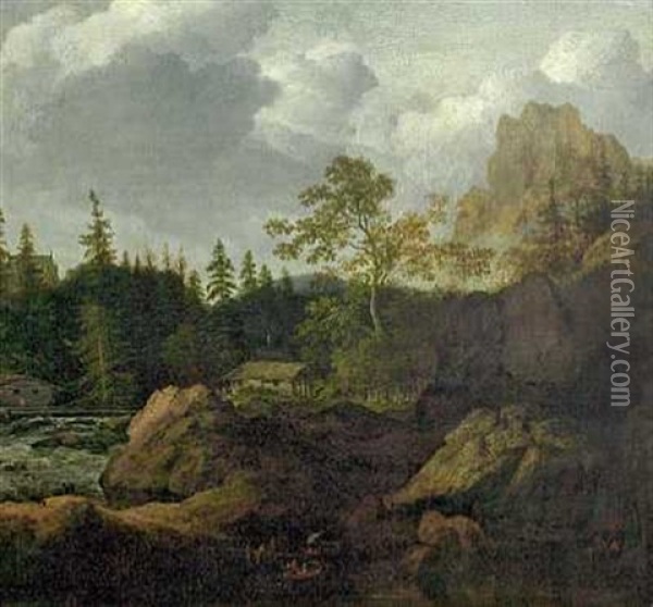 Bjerglandskab Med Fossende Flod Og Personer Oil Painting - Allaert van Everdingen