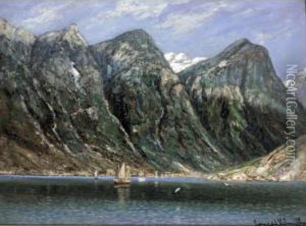 Sailing Boats In A Fjord Oil Painting - Conrad Selmyhr