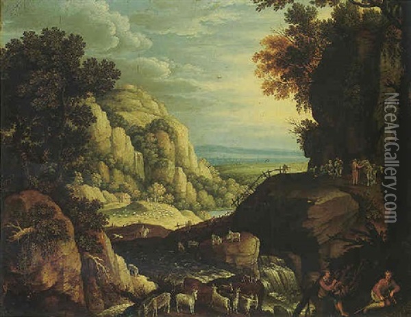 A Mountainous Landscape With Sheperds Piping And Tending Their Coats In The Foreground Oil Painting - Marten Ryckaert