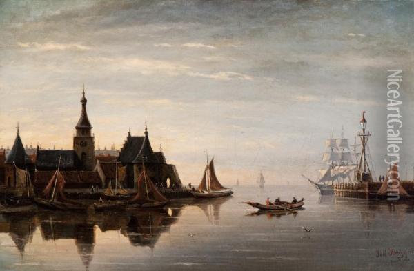 Ships In The Harbour Entrance Oil Painting - Johannes Huygens