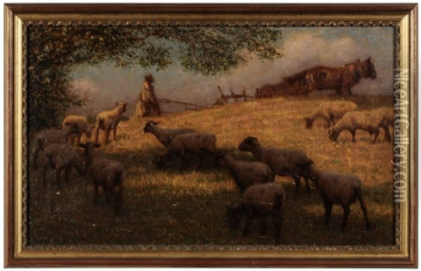 Pastoral Landscape, Sheep And Farmer Plowing Field Oil Painting - John Robert Keitley Duff