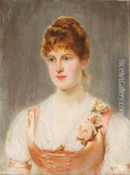 Portrait Of A Young Lady With Rose Corsage Oil Painting - John Haynes-Williams