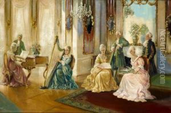 A Musical Party With Signature E Piola Oil Painting - Arturo Ricci
