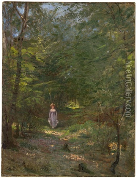 Sommerliches Waldstuck Bei Misdroy Mit Einer Jungen Frau Im Violetten Kleid Oil Painting - Wilhelm August Lebrecht Amberg