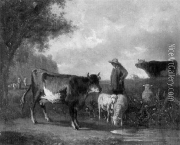 Hirte Mit Vieh An Der Wasserstelle Oil Painting - Andres Cortes y Aguilar