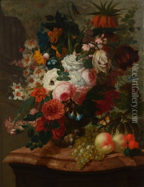Vase De Fleurs, Peches, Raisins, Papillon Et Citrouille Sur Entablement De Marbre Moulure Oil Painting - Jan Frans Van Dael