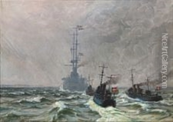King Christian X On Board The Cruiser Geyser Heading For Korsor Oil Painting - Vilhelm Karl Ferdinand Arnesen