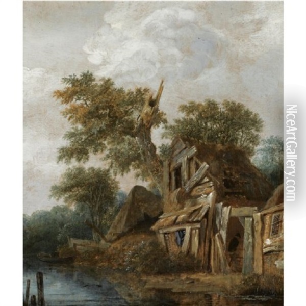 A Wooded Landscape With A Farmstead On The Banks Of A River, A Figure Entering The Cottage Oil Painting - Cornelis Gerritsz Decker