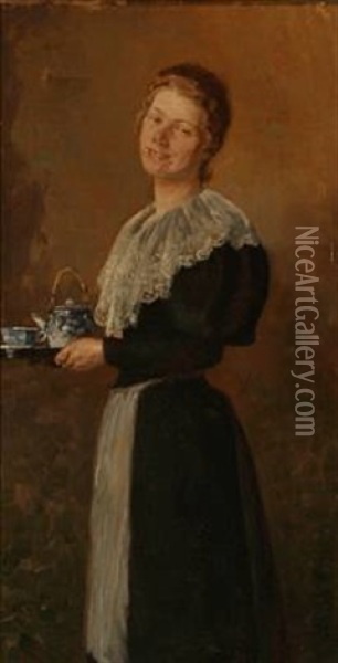 A Lady With A Tea Tray Oil Painting - Cilius (Johannes Konrad) Andersen