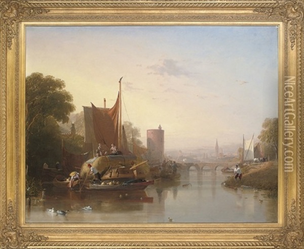 Hay Barges On A River Oil Painting - Augustus Wall (Sir.) Callcott