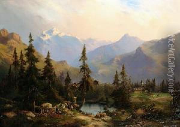 An Extensive Alpine Country Landscape With Figures Resting By A Lake Oil Painting - Albert Trippel