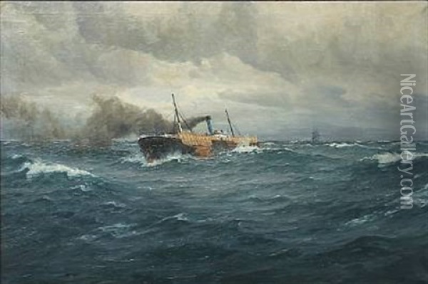 Marine With A Freighter In Heavy Sea Oil Painting - Christian Benjamin Olsen