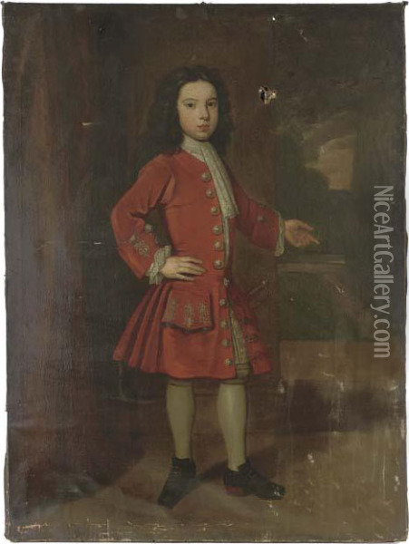 Portrait Of The Duke Of 
Roxburghe As A Young Boy, Full-length, Wearing A Red Coat With White 
Lace Jabot, Pointing To A Garden In The Distance Oil Painting - Sir Godfrey Kneller