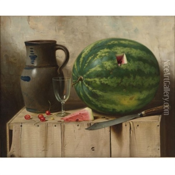 Still Life With Watermelon, Jug, And Knife Oil Painting - Albert Francis King