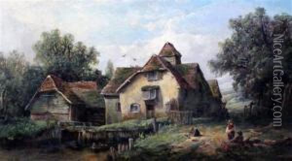 Watermill With Ducks And Children Fishing & Cottage Garden Oil Painting - John James Wilson