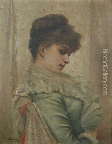 Woman With Fan Oil Painting - Herman Hyneman