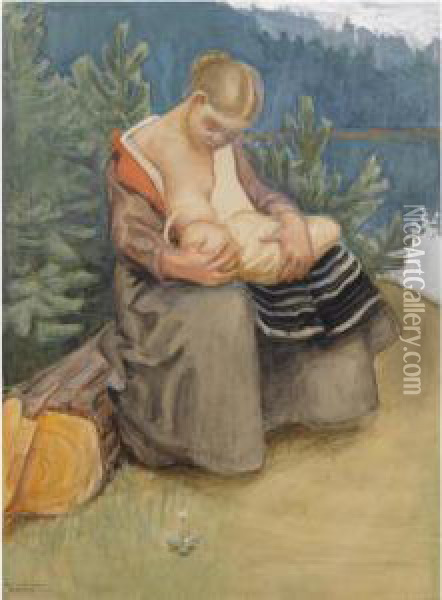 Aiti Ja Lapsi (mother And Child) Oil Painting - Akseli Gallen-Kallela