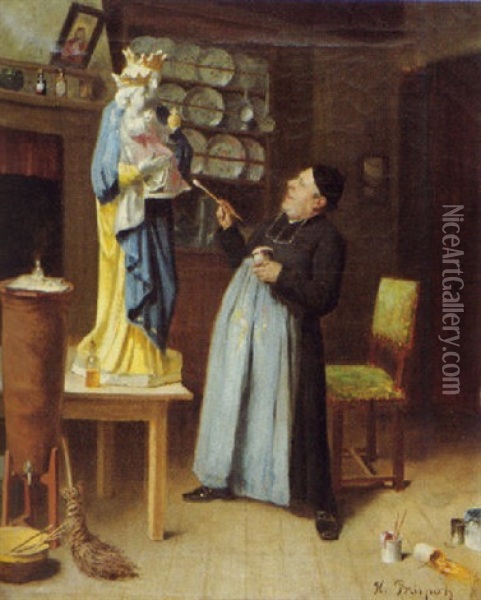 Ein Monch Bemalt Eine Marienskulptur Mit Kind Oil Painting - Henri Brispot