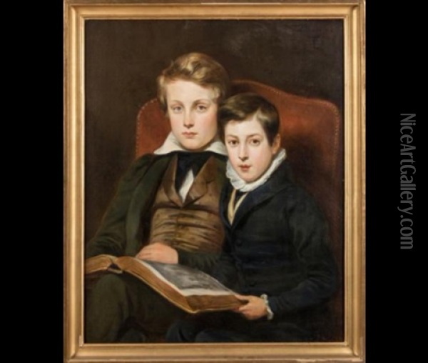 Portraits De Felix Et Leon De Lacoste A L'age De 10 Et 14 Ans Oil Painting - Henri De Caisne