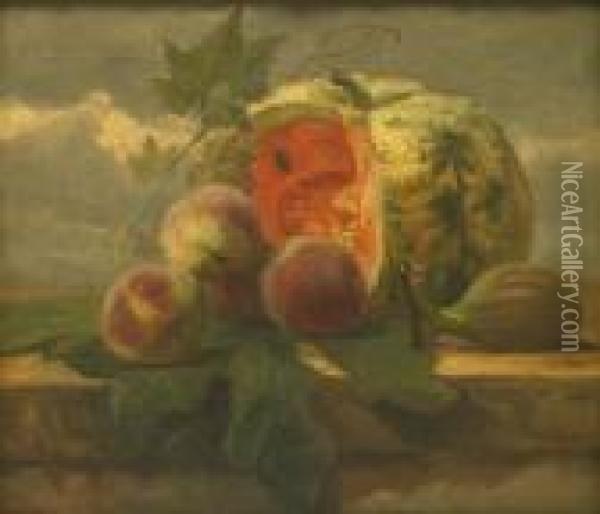 A Still Life With A Melon, Peaches And A Fig Oil Painting - Simon Saint-Jean