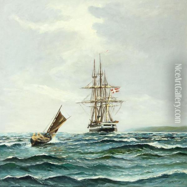 Seascape With The Frigat Jylland Oil Painting - Vilhelm Bille
