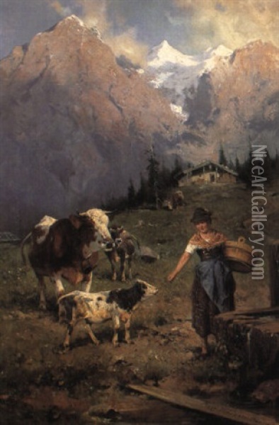 Ved En Alpehytte Oil Painting - Adolf Ernst Meissner