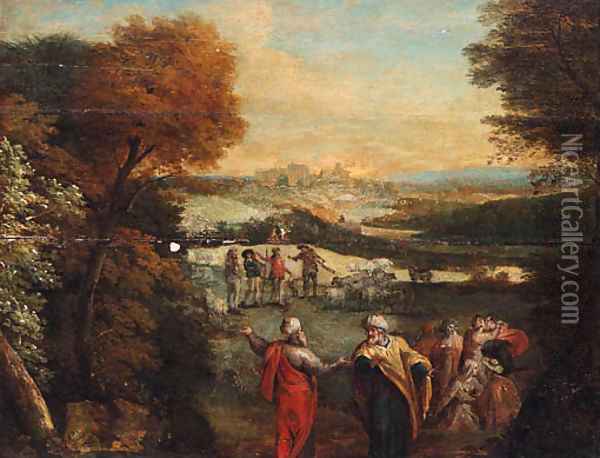 A wooded landscape with Jacob and Laban Oil Painting - Karel Van Mander