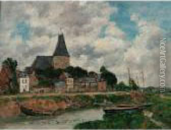 Quillebeuf, L'eglise Vue Du Canal Oil Painting - Eugene Boudin