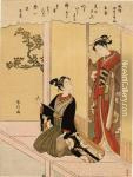 From The Series Fuzoku Shiki 
Kasen [popular Poets Of The Four Seasons], Standing Within The Open 
Shoji Of A House, A Girl Looks Down On Her Young Lover Who Is Kneeling 
On The Engawa Oil Painting - Suzuki Harunobu