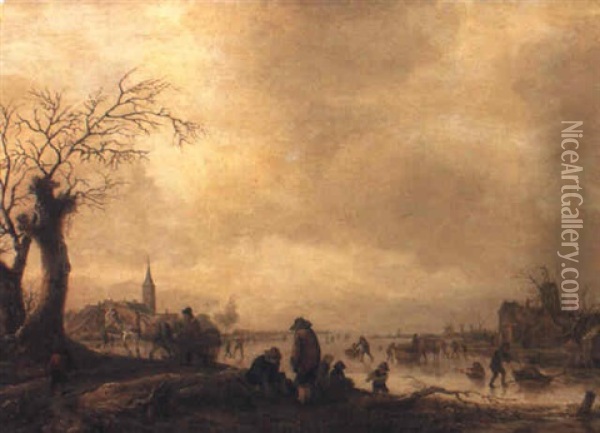 Winter Landscape With Townsfolk On A Frozen Waterway Oil Painting - Isaac Van Ostade
