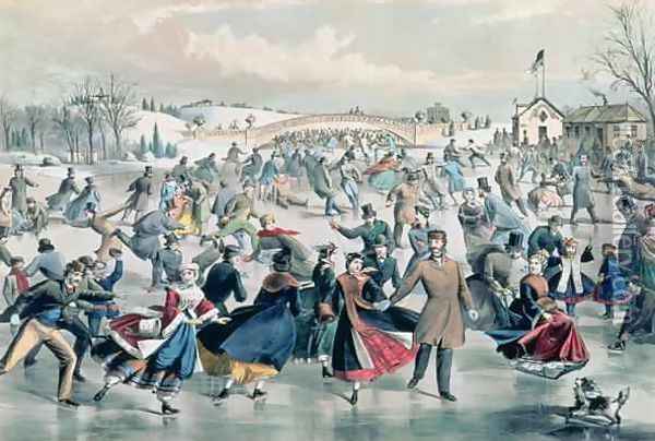 The Skating Pond, pub. by Currier and Ives, New York, 1862 Oil Painting - Charles Parsons