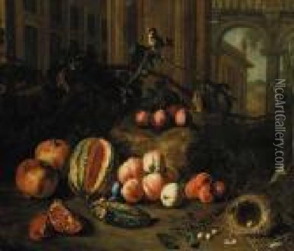 Plums On The Branch, Peaches, 
Apricots, A Melon, Pomegranates, A Nest With Eggs And A Goldfinch By 
Classical Buildings, A Landscape Beyond Oil Painting - Pieter Snyers