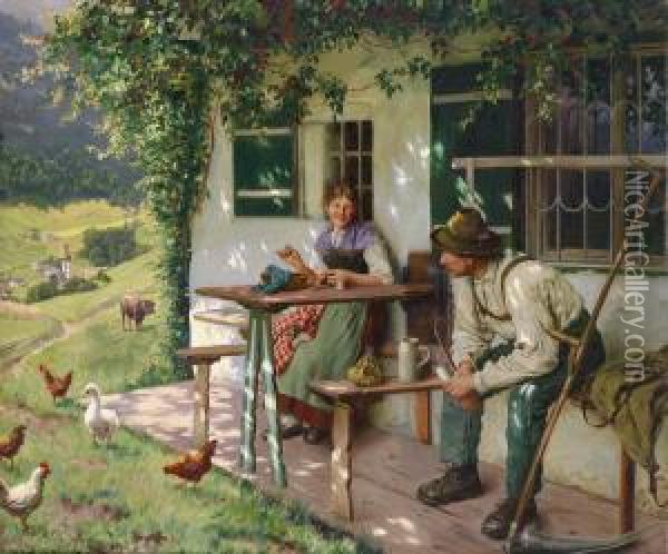 Youngcouple Outside A Farmhouse In Upper Bavaria Oil Painting - Emil Rau
