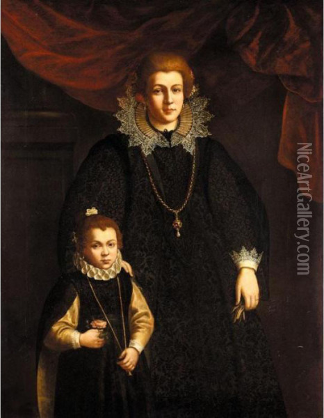 Portrait Of A Lady And Her 
Daughter, Three-quarter Length, Both Wearing Embroidered Black Dresses, 
With Elaborate Ruffs Oil Painting - Justus Sustermans