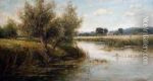 A River Landscape With Harvesters In Thedistance Oil Painting - Henry John Kinniard