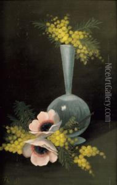 Vase De Fleurs, Mimosa Et Deux Anemones Oil Painting - Henri Julien Rousseau