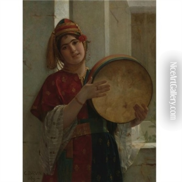 The Tambourine Player Oil Painting - Charles Guillaume Brun