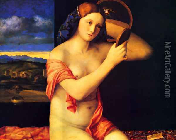 Young Woman Holding a Mirror (Giovane alla Specchio) Oil Painting - Giovanni Bellini
