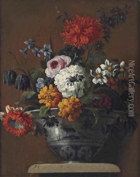 A Rose, Carnations, Narcissi And Other Flowers In A Delft Blue And White Porcelain Bowl, On A Pedestal Oil Painting - Jean-Baptiste Monnoyer