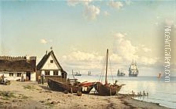 Summer Day At A Fishing Village At Oresund Oil Painting - Carl Emil Baagoe