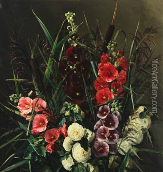 Still Life With Hollyhocks And Reed Oil Painting - Emmy Thornam