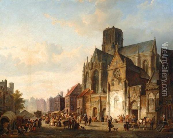 A View Of A City With Many Figures On A Church Square Oil Painting - Cornelis Springer