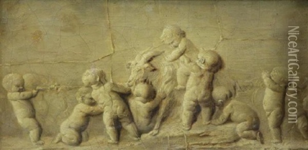 Trompe L'oeil Bas Relief Of Putti With A Goat Oil Painting - Piat Joseph Sauvage