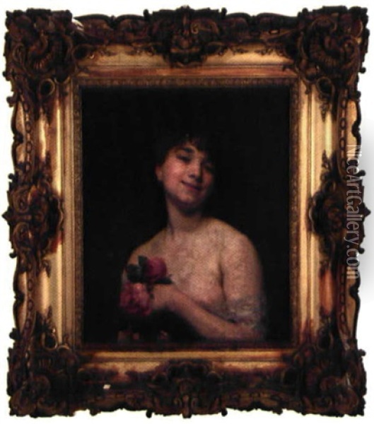 Jeune Femme Au Bouquets De Roses Ou Mademoiselle Delagrange Oil Painting - Jean Andre Rixens